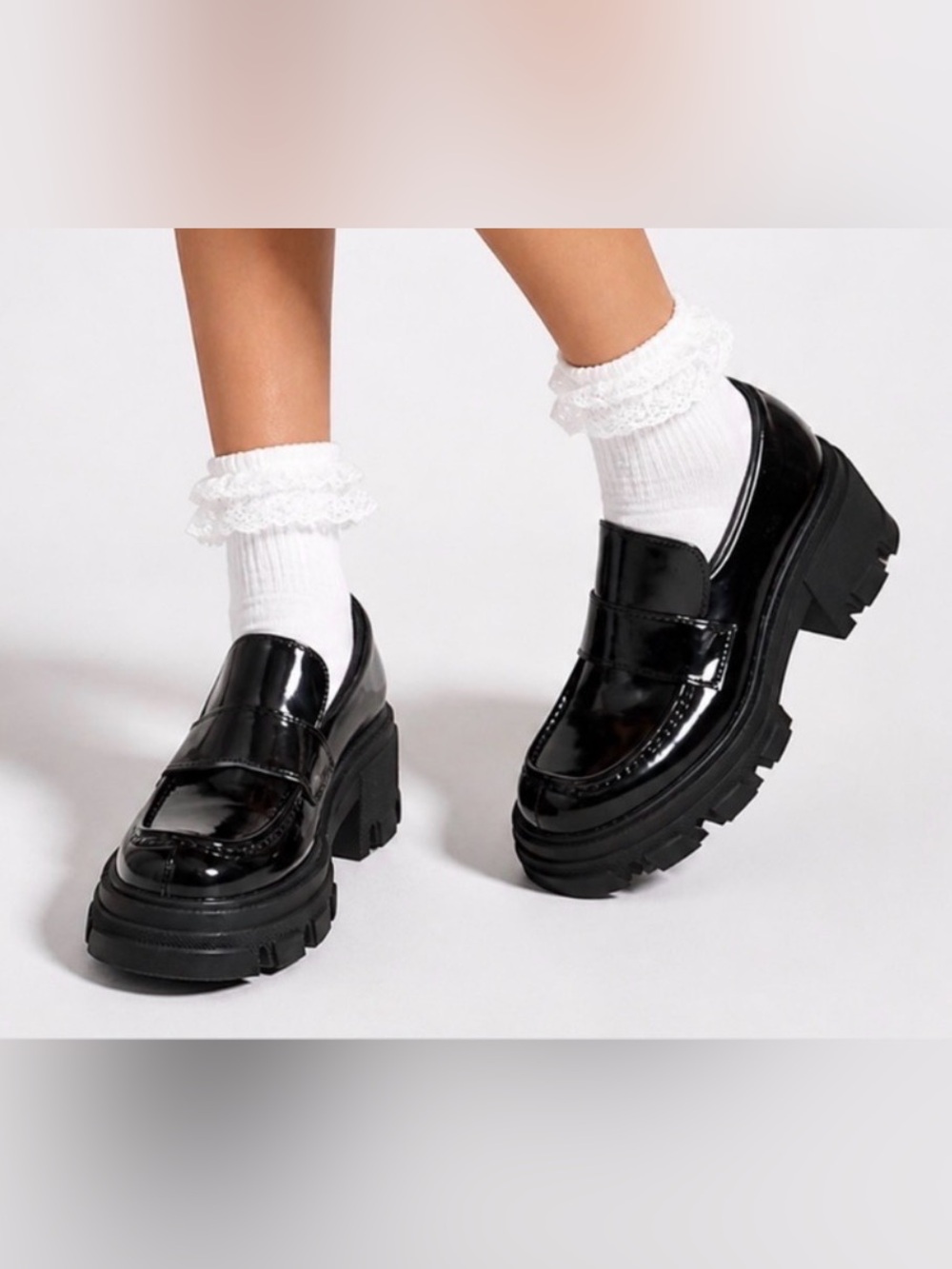 Black Chunky Platform Loafers Lug‎ Sole Faux Patent Leather Preppy Goth Academic